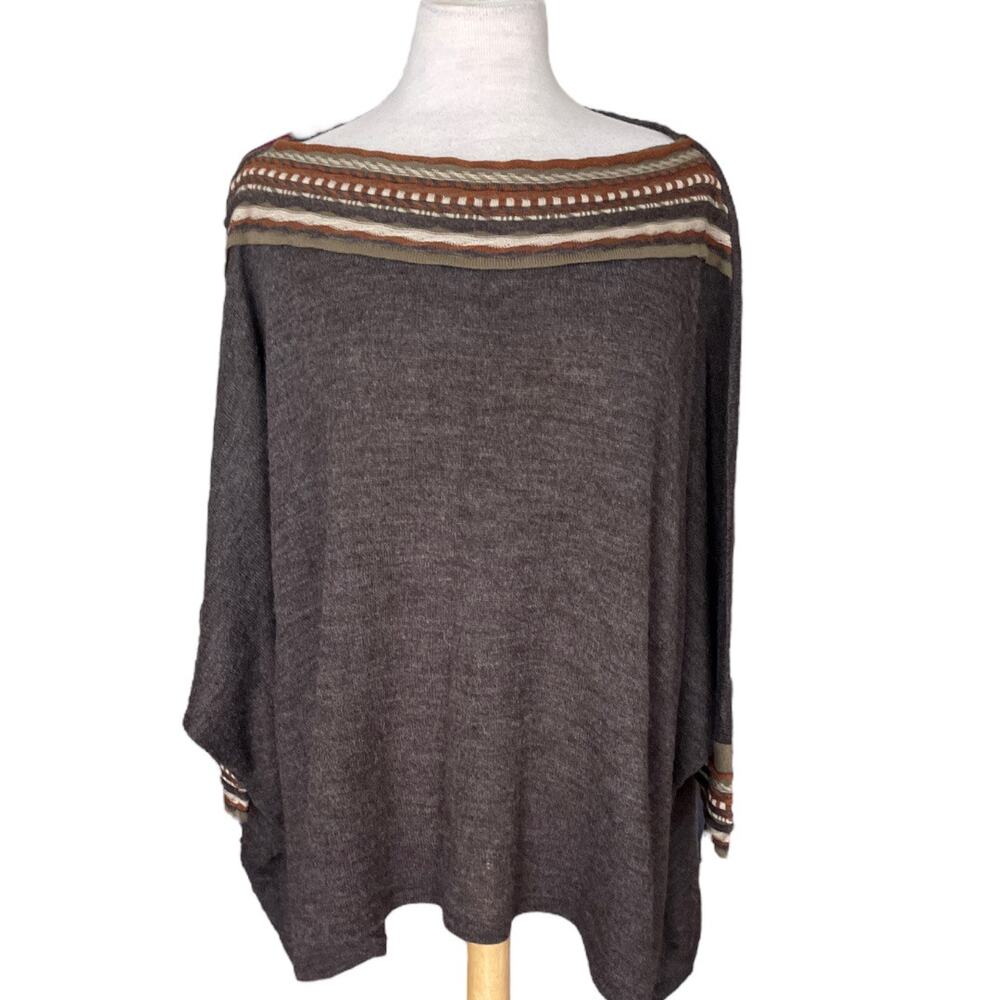 Women's One Size Karffany Brown Boho Embroidered Sweater Boat Neck Long Sleeve